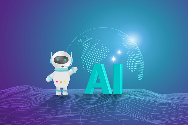 Vecteur ai chat bot avec globe dans l'environnement du métavers génère une réponse de solution intelligente et communique avec l'utilisateur l'intelligence artificielle répond à la technologie d'innovation robot 3d vector