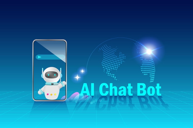 AI chat bot sur smartphone dans un environnement futuriste générer une solution intelligente réponse et communiquer avec l'utilisateur l'intelligence artificielle réponse robot technologie d'innovation 3D Vector
