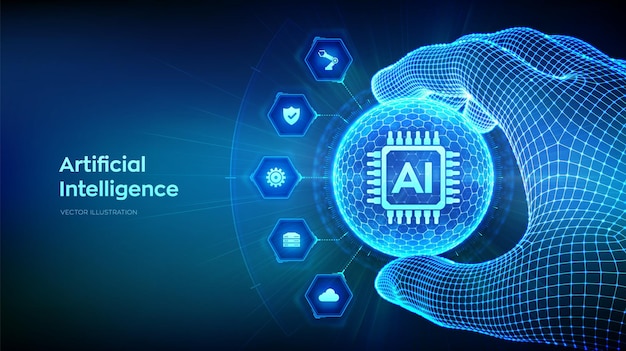 AI Intelligence artificielle en forme de sphère avec motif hexagonal dans la main filaire Concept d'apprentissage automatique Technologie d'innovation Big Data Réseaux de neurones Illustration vectorielle