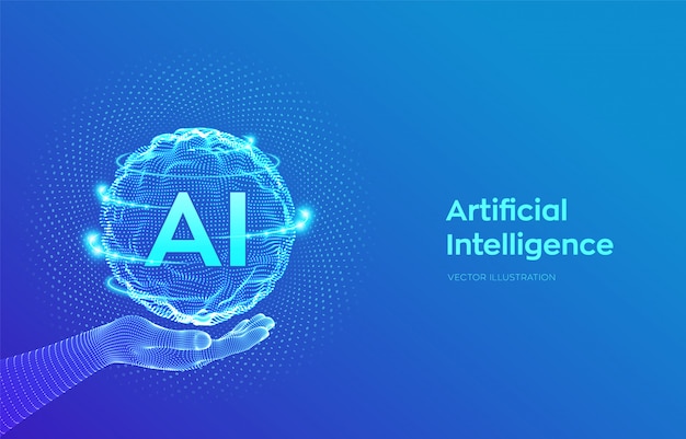 AI. Logo d'intelligence artificielle à la main. Onde de grille de sphère avec code binaire.