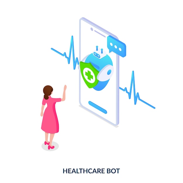 AI mobile dans les soins de santé Fille devant un téléphone portable avec un robot médical Illustration vectorielle isométrique