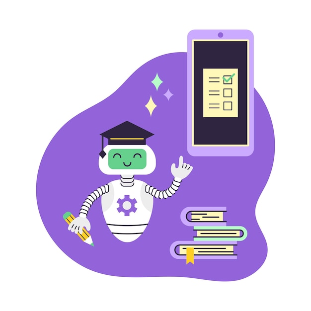 Ai robot assistant pointe sur le smartphone il y a une pile de livres à proximité concept d'éducation à distance