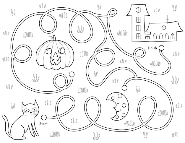 Aidez Un Chat Noir à Trouver Le Chemin De La Maison. Jeu De Labyrinthe D'halloween En Noir Et Blanc Pour Les Enfants