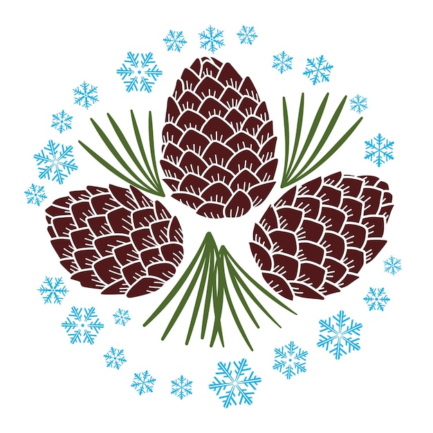 Vecteur les aiguilles de cônes de cèdre et les flocons de neige sont disposés en cercle graphiques en couleur