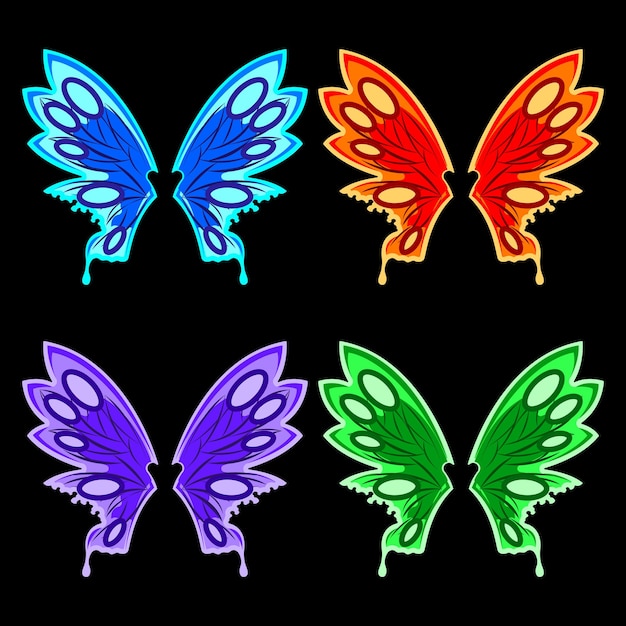 Ailes De Papillon Coloré Plat Dessin Animé Isolé Fond Noir