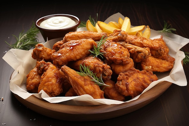 Ailes de poulet épicées avec des frites et du ketchup