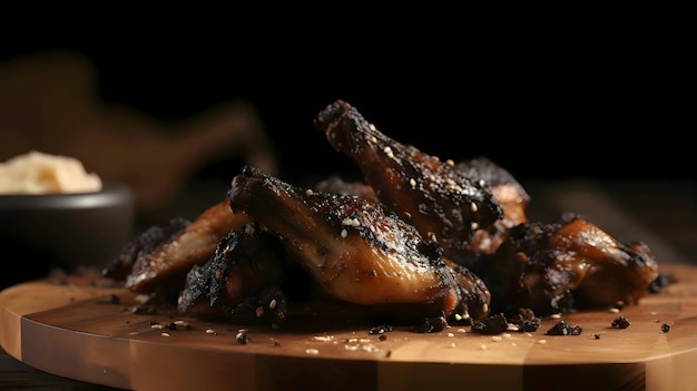 Ailes De Poulet Grillées Sur Poulet Rôti Grillé Avec Cuisses De Poulet Cuites Au Romarin Sur Planche De Bois