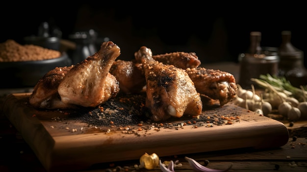 Ailes de poulet grillées sur poulet rôti grillé avec cuisses de poulet cuites au romarin sur planche de bois