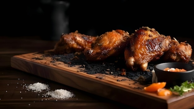 Vecteur ailes de poulet grillées sur poulet rôti grillé avec cuisses de poulet cuites au romarin sur planche de bois