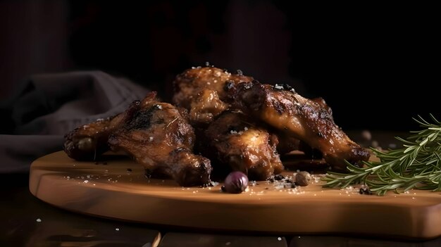 Vecteur ailes de poulet grillées sur poulet rôti grillé avec cuisses de poulet cuites au romarin sur planche de bois