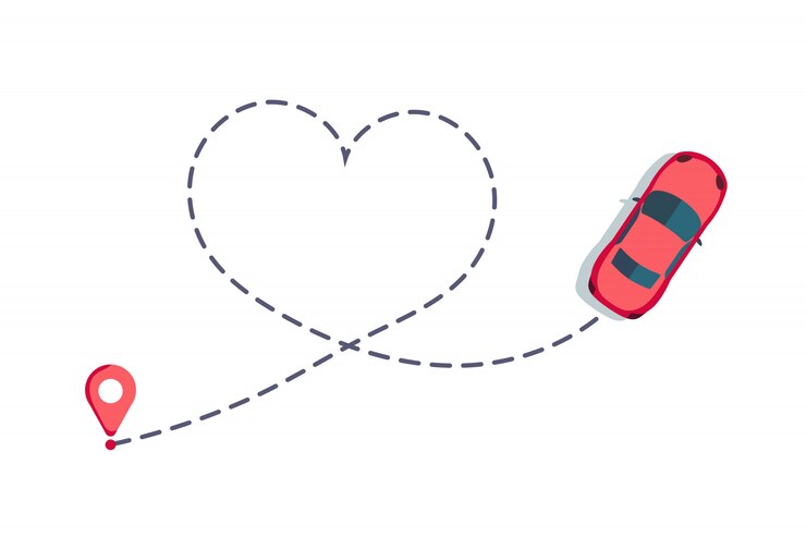 Aime la route des voitures. Chemin de coeur, véhicule en pointillé amour Saint Valentin dessin isolé