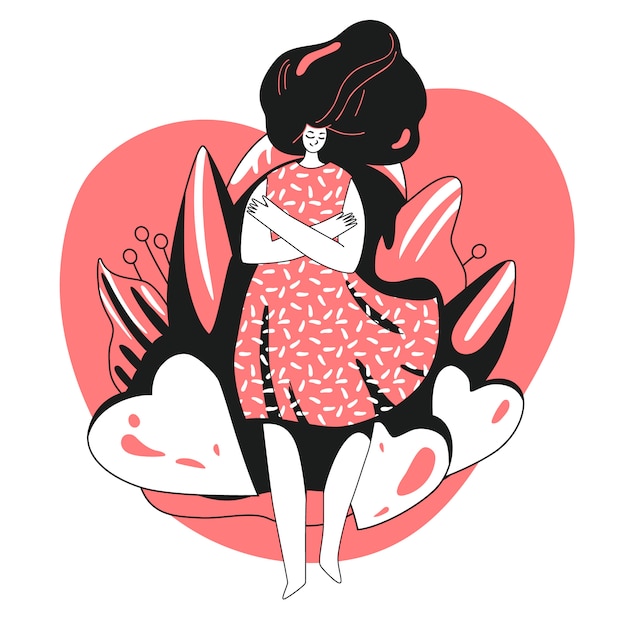 Aimez-vous et prenez soin de vous-même concept. Fille, se serrant dans ses bras avec un grand coeur d'amour. Girl Healthcare Skincare illustration sur Prenez du temps pour vous-même.