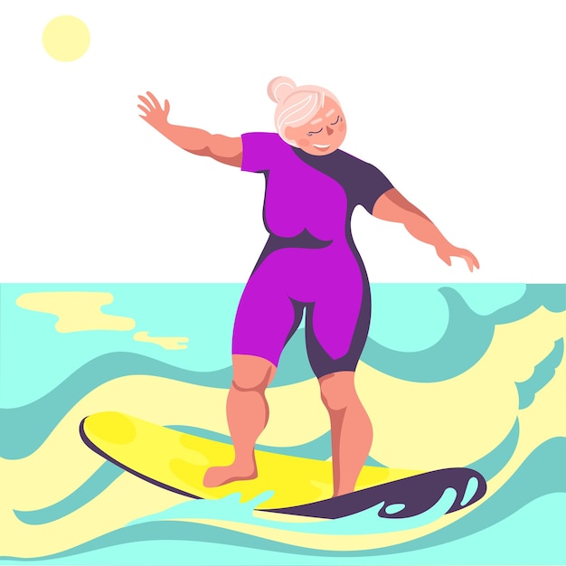 Vecteur aînés actifs en vacances conceptpositif vieille dame sur une planche de surf sur les vagues de la mervecteur