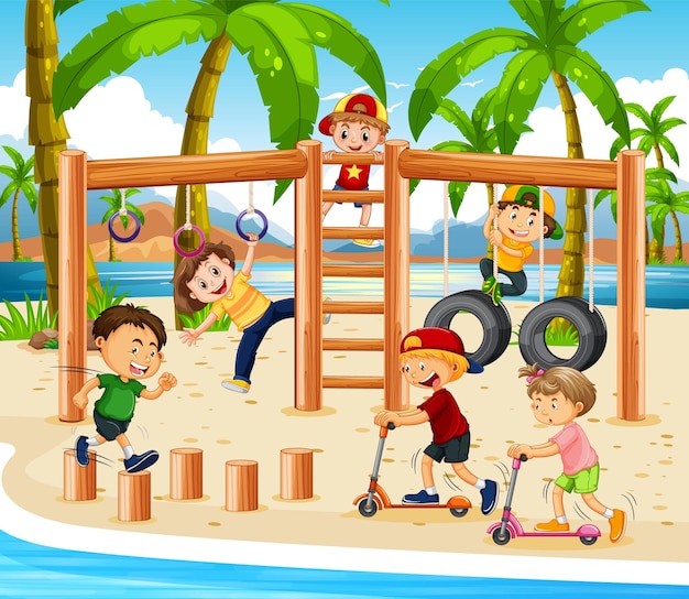 Aire De Jeux De Plage Avec Des Enfants Heureux