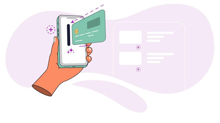 Vecteur ajout d'une carte de crédit ou d'une carte de débit à une application bancaire mobile main tenant un smartphone