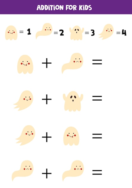 Ajout Avec Différents Fantômes D'halloween. Jeu De Mathématiques éducatif Pour Les Enfants.