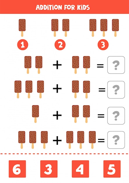 Vecteur ajout avec de la glace de dessin animé mignon. jeu de mathématiques.