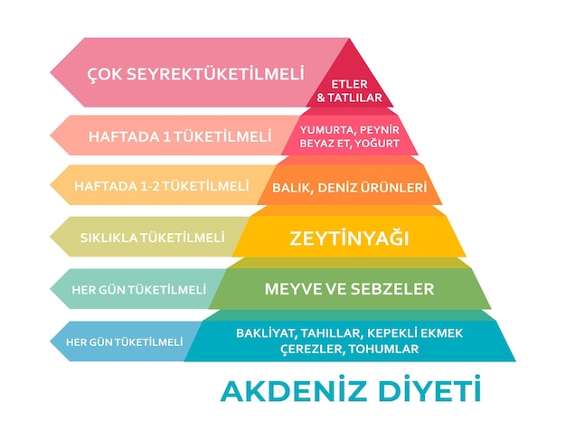 Vecteur akdeniz diyeti besin piramidi pyramide alimentaire du régime méditerranéen en turc graphique utile pour une vie saine concept de régime de soins de santé