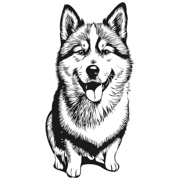 Akita Chien Dessin Animé Visage Encre Portrait Noir Et Blanc Croquis Dessin Tshirt Imprimé Race Réaliste Animal De Compagnie