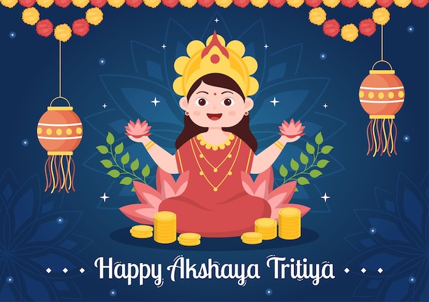 Akshaya Tritiya Festival Illustration Avec Un Kalash Doré Et Des Pièces D'or Dans Des Modèles Dessinés à La Main