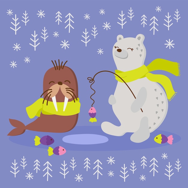 Vecteur alaska walrus pêche d'hiver drôle animal cartoon illustration dessinée à la main