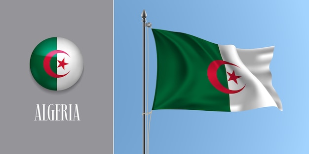 Algérie, agitant le drapeau sur mât et icône ronde illustration