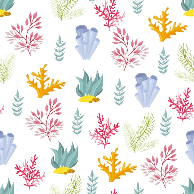 Algues dessinées à la main, modèle sans couture de corail. Fond de plantes marines. Illustration vectorielle