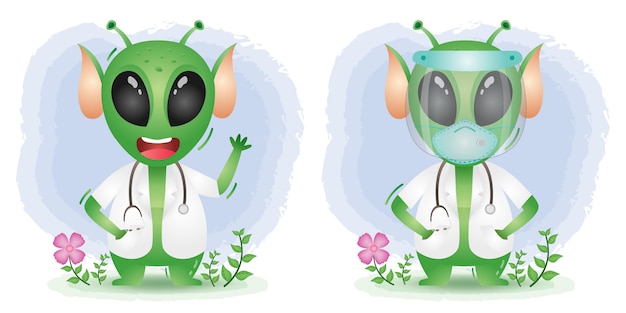 Alien mignon avec un docteur en costume utilisant un écran facial et un masque