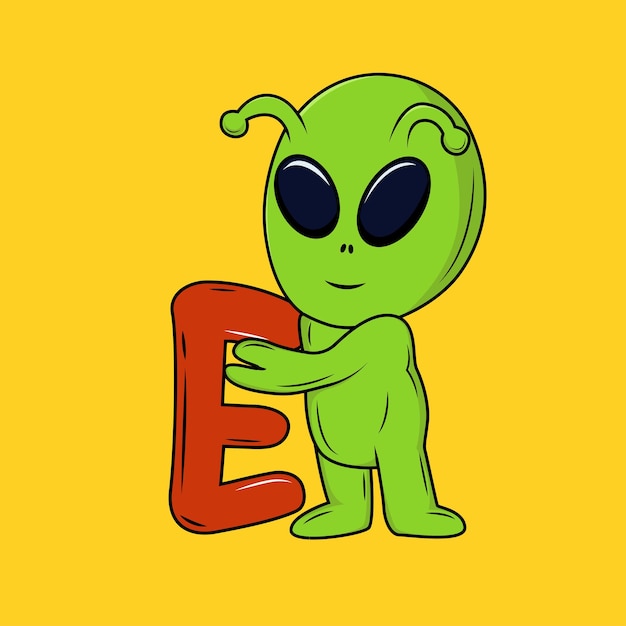 Alien Mignon Avec Illustration Vectorielle D'autocollant De Dessin Animé De Lettre E
