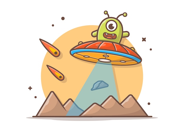 Alien Mignon Volant Sur La Planète Avec Un Ovni Et Une Illustration De Météorite