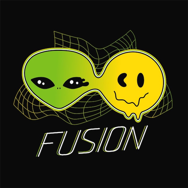 Alien Et Sourire Font Fondre Le Visagefushion Quoteconception D'illustration Graphique De Dessin Animé De Ligne Vectorielletrippy Psychdelic Alien Et Smile Emoji Face Fondent L'impression Pour Le Concept De T-shirt Affiche