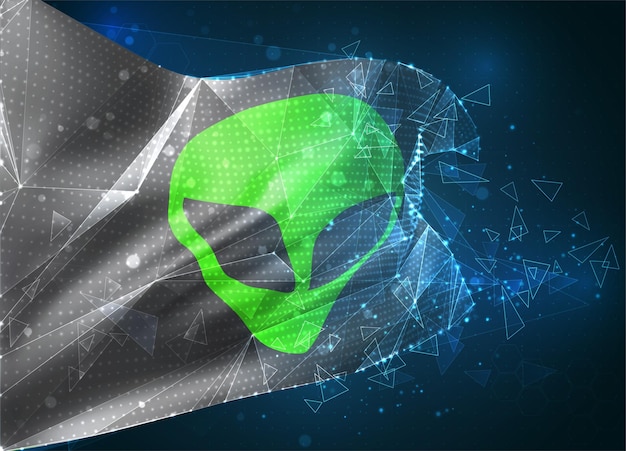 Alien vert du drapeau vectoriel de l'espace, objet 3D abstrait virtuel à partir de polygones triangulaires sur fond bleu