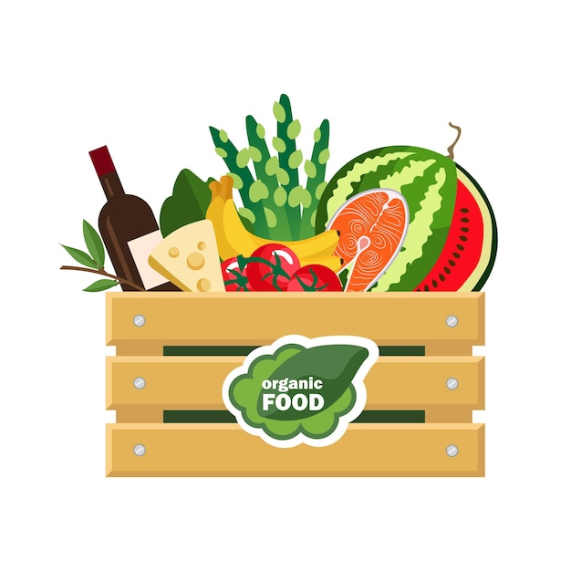 Vecteur aliments biologiques et vin dans une boîte en bois livraison de nourriture nourriture du supermarché illustration vectorielle