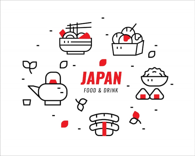 Aliments et boissons japonais. Éléments de conception de ligne mince. illustration vectorielle