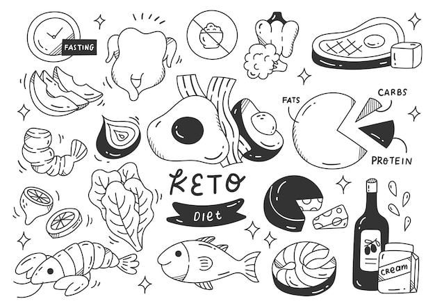 Aliments Diététiques Cétogènes Dans Un Style Doodle