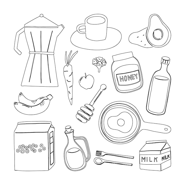 Vecteur aliments sains, fruits, légumes et boissons, illustration