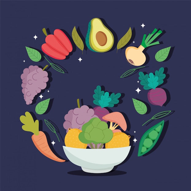 Vecteur des aliments sains, des légumes et des fruits dans un bol alimentation équilibrée