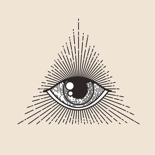 All-seeing eye emblème ou logo ou modèle de conception de badge avec oeil de gravure vintage en triangle sunburst isolé sur fond clair Illustration vectorielle
