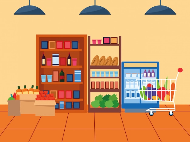 Vecteur allée de supermarché avec des étagères avec épicerie et réfrigérateur de boissons