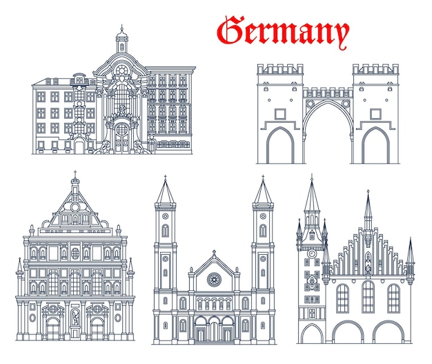 Vecteur allemagne, munich architecture bâtiments et monuments de voyage, vecteur. l'allemand st ludwig kirche, saint. église des jésuites saint-michel, portes karlstor ou neuhauser tor, ancien hôtel de ville et église asam ou asamkirche