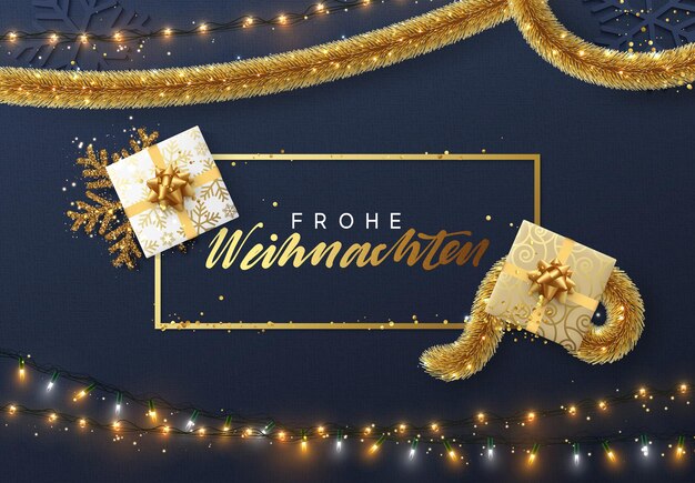 Allemand Frohe Weihnachten, Fond De Noël Avec Un Design De Composition Lumineuse. Guirlande De Lumières Scintillantes De Noël Avec Des Cadeaux Et Des Guirlandes Dorées. Bannière Web, Affiches, Cartes, Site Web. Illustration Vectorielle