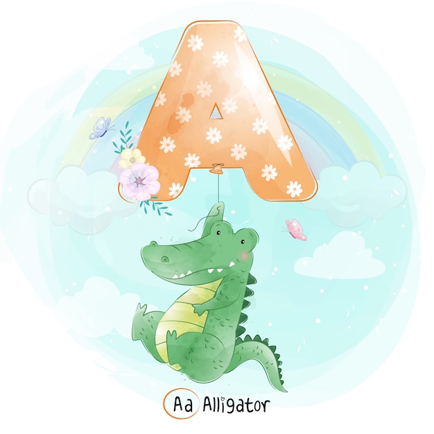 Alligator mignon volant avec ballon alphabet-A