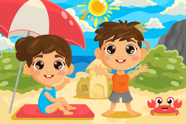 Vecteur allons en vacances à la plage illustration pour enfants de l'école dans le style flat design