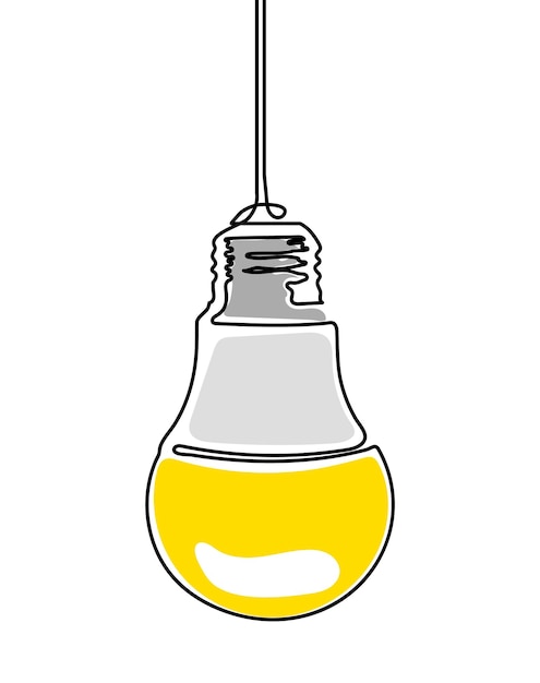 Vecteur allumé l'ampoule suspendue au-dessus dessin continu d'une ligne jaune d'ampoule électrique concept d'émergence d'idées illustration vectorielle