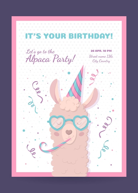 Vecteur alpaga mignon pour la fête d'anniversaire carte postale invitation illustration vectorielle