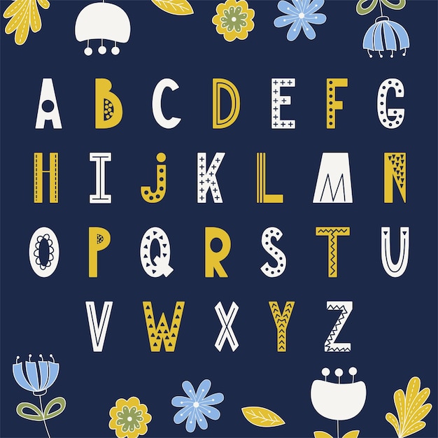 Vecteur alphabet abstrait scandinave. affiche de typographie avec police dessinée à la main. illustration vectorielle.
