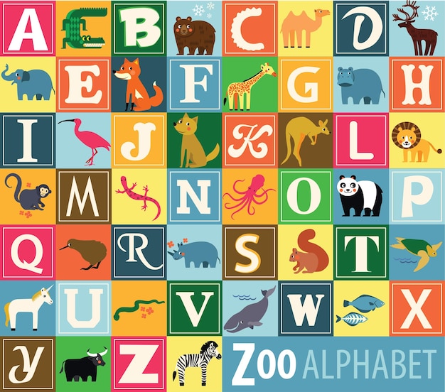 Alphabet Anglais D'animaux Sauvages Vintage. Illustration Vectorielle
