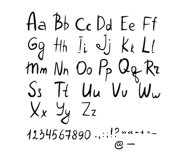 Vecteur alphabet anglais dessiné à la main numéro de police manuscrite signes de ponctuation alphabet vectoriel simple