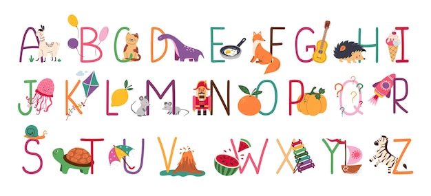 Vecteur alphabet anglais avec jeu d'illustrations vectorielles d'animaux mignons police enfantine pour pack de symboles de livre abc pour enfants