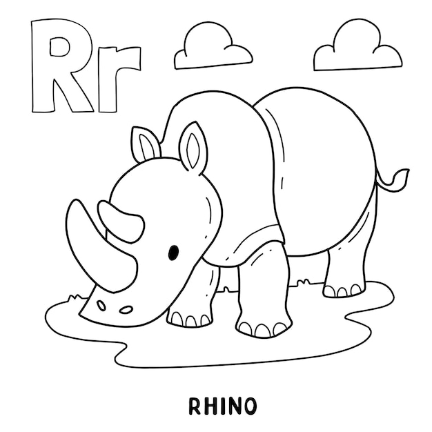 Alphabet animal rhinocéros à colorier avec mot dessin animé animal lettre dessiné à la main